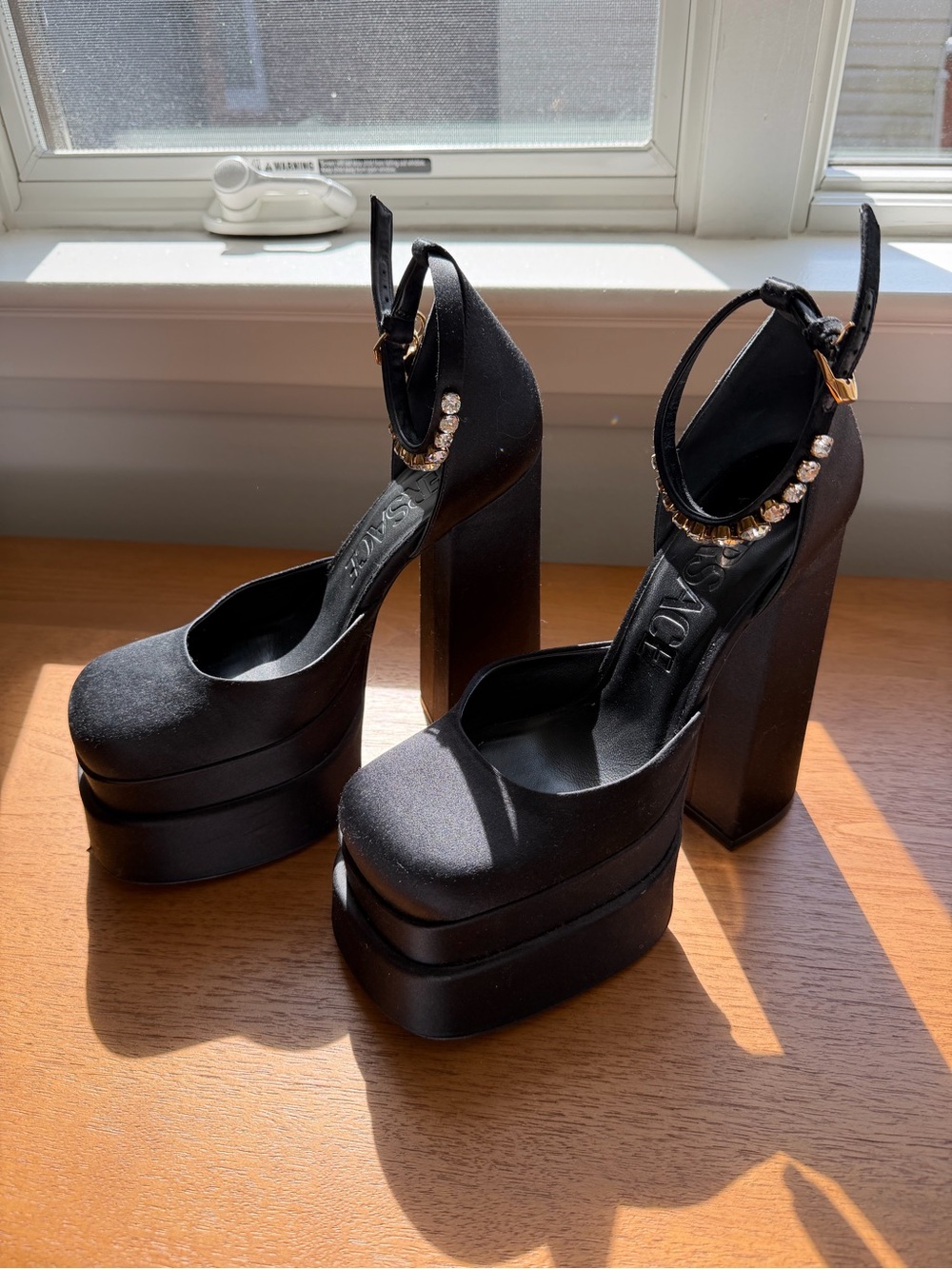 VERSACE MEDUSA AEVITAS SATIN PLATFORM HEELS WITH CRYSTALS